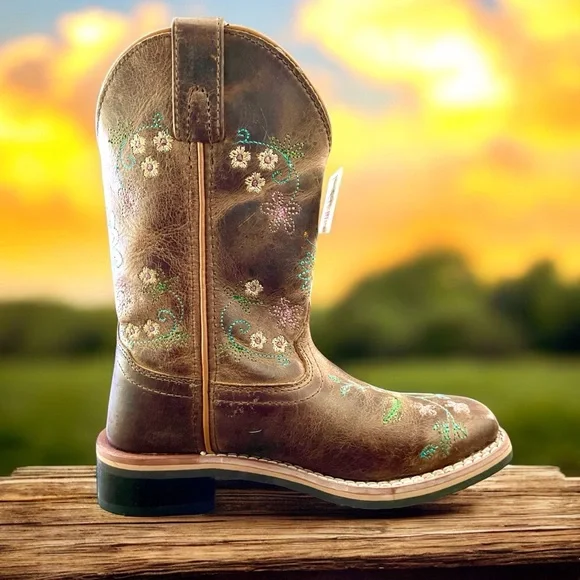 New girls Smoky Mountain brown leather floral Cowgirl Boots - Picture 2 of 5
